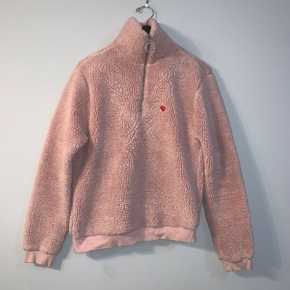 Topshop Ladies Sweatshirt Style Top 6 Pink Teddy Bear Style Quarter Zip - Picture 1 of 9